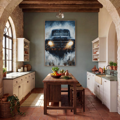 Rusty Vintage Pickup Truck Headlights wall art in a rustic western-style room – rusty vintage pickup truck facing