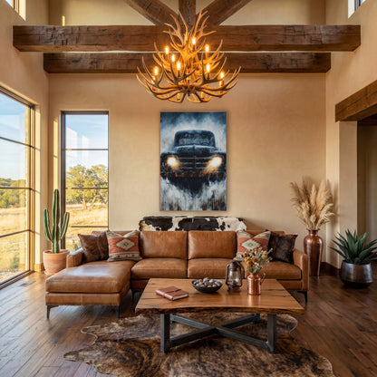 Rusty Vintage Pickup Truck Headlights wall art in a rustic western-style room – rusty vintage pickup truck facing