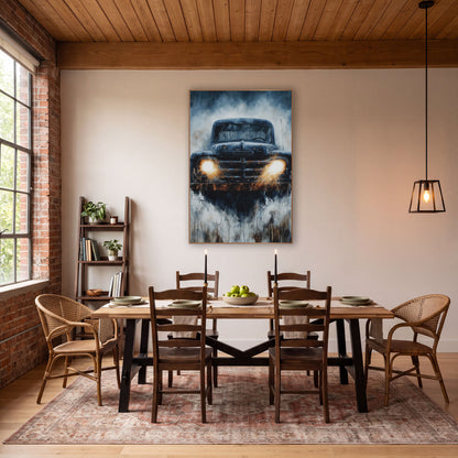 Rusty Vintage Pickup Truck Headlights wall art in a rustic western-style room – rusty vintage pickup truck facing