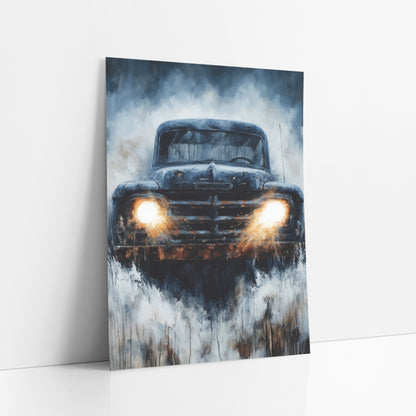 Rusty Vintage Pickup Truck Headlights art print leaning against a white wall – rusty vintage pickup truck facing forward