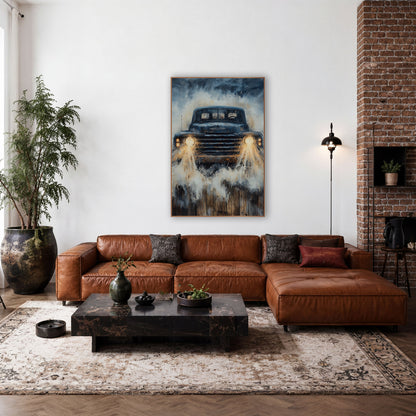 Splashing Vintage Truck Beams Painterly wall art in a rustic western-style room – vintage navy blue pickup truck