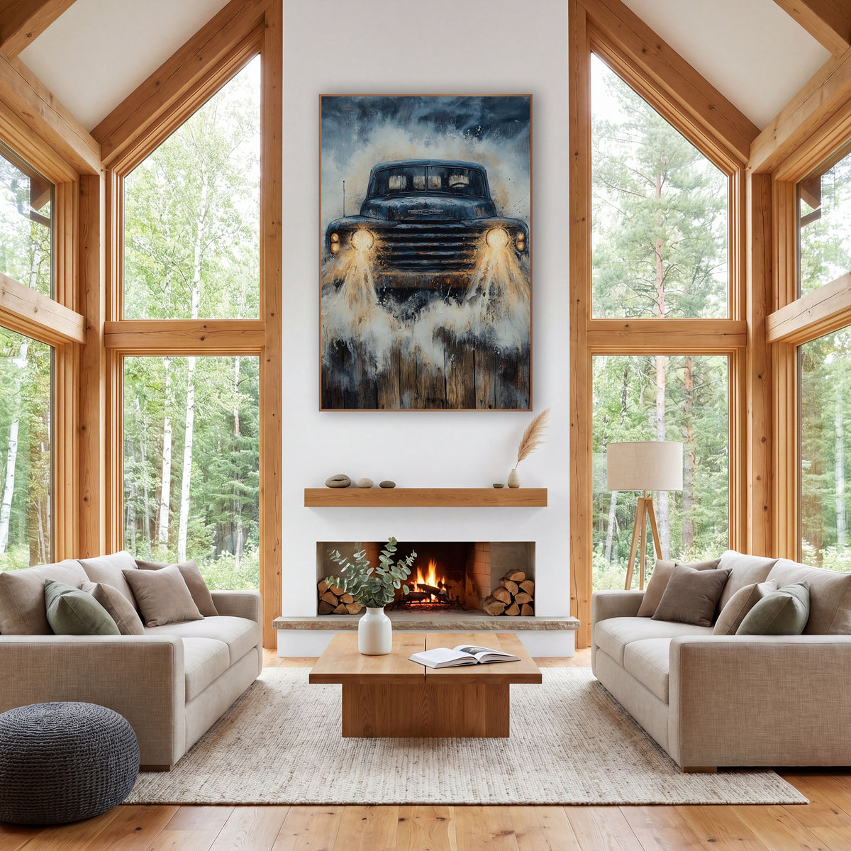 Splashing Vintage Truck Beams Painterly wall art in a rustic western-style room – vintage navy blue pickup truck