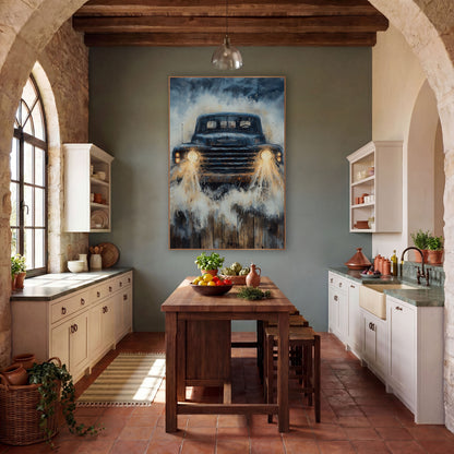 Splashing Vintage Truck Beams Painterly wall art in a rustic western-style room – vintage navy blue pickup truck