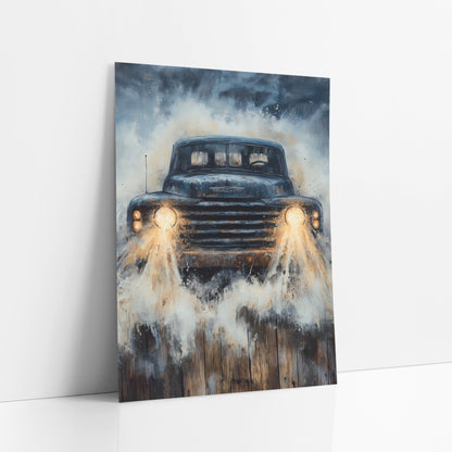 Splashing Vintage Truck Beams Painterly art print leaning against a white wall – vintage navy blue pickup truck with glowing