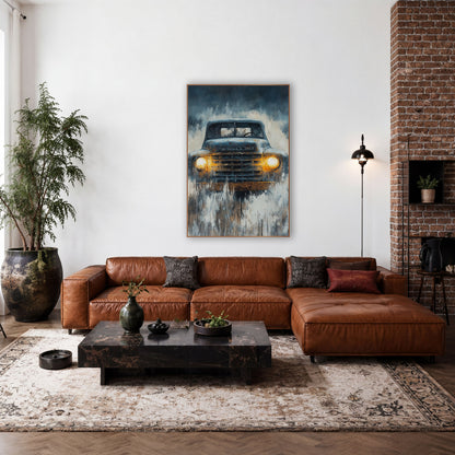 Rusty Pickup Misty Plank Western wall art in a rustic western-style room – vintage pickup truck facing forward