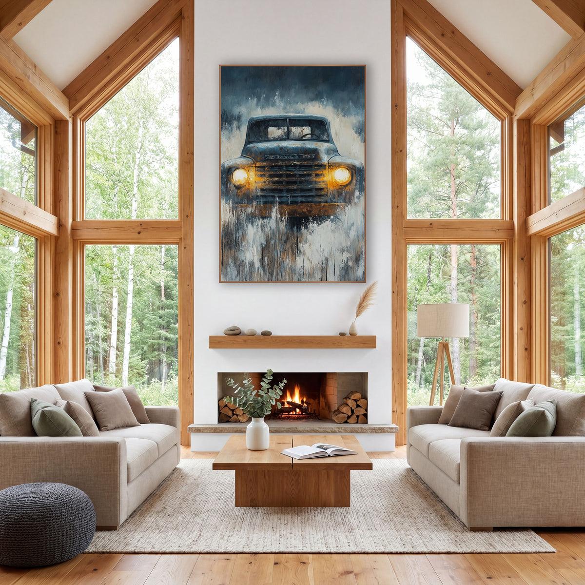 Rusty Pickup Misty Plank Western wall art in a rustic western-style room – vintage pickup truck facing forward