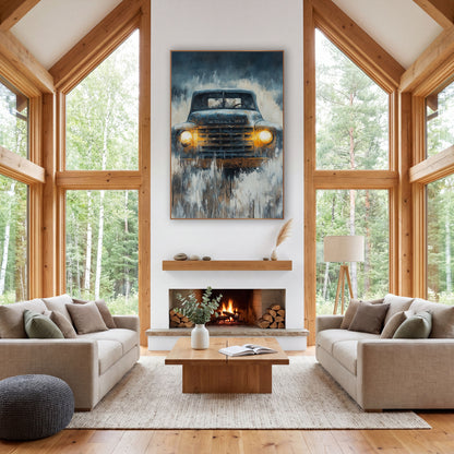 Rusty Pickup Misty Plank Western wall art in a rustic western-style room – vintage pickup truck facing forward