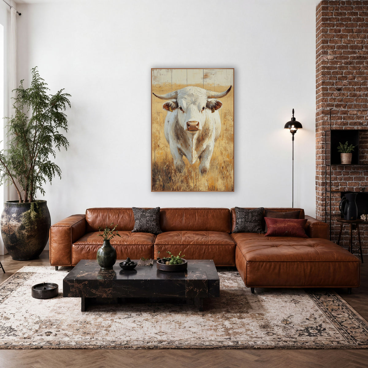 White Charolais Bull Western Pasture wall art in a rustic western-style room – white bull with curved horns and yellow