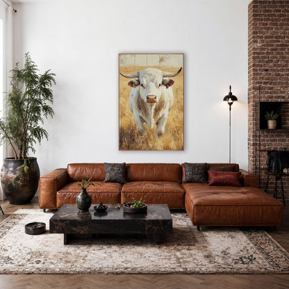 White Charolais Bull Western Pasture wall art in a rustic western-style room – white bull with curved horns and yellow