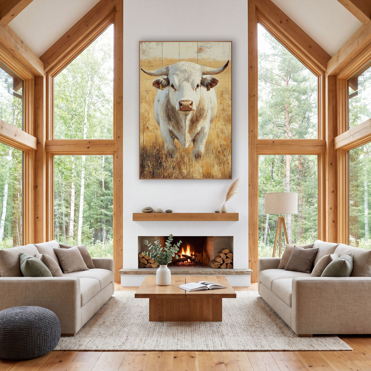 White Charolais Bull Western Pasture wall art in a rustic western-style room – white bull with curved horns and yellow