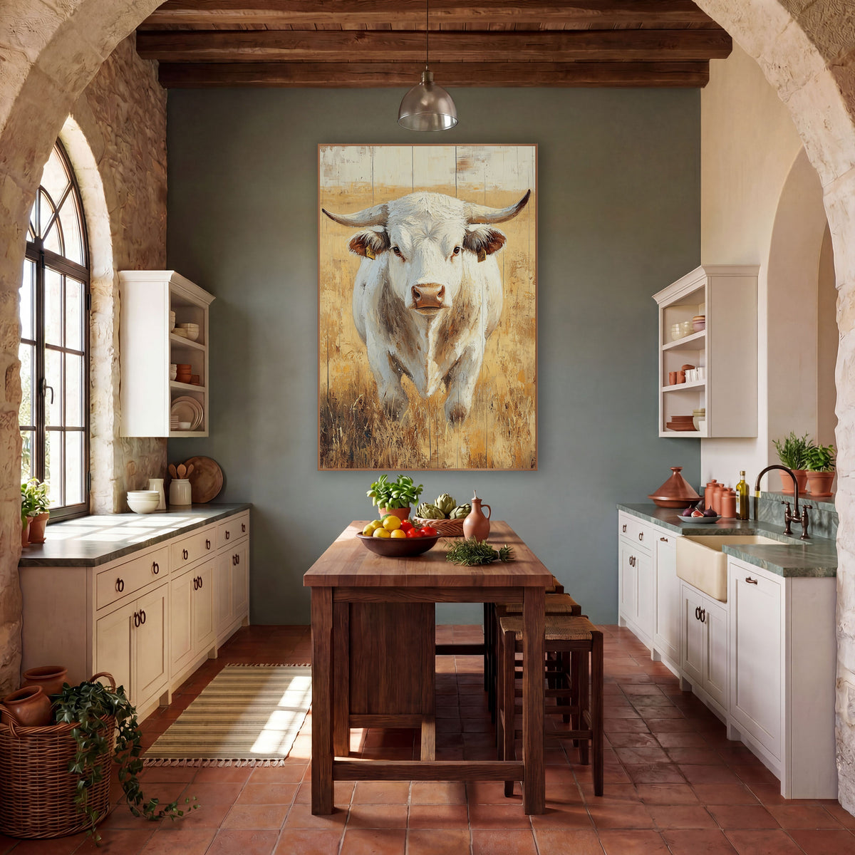 White Charolais Bull Western Pasture wall art in a rustic western-style room – white bull with curved horns and yellow
