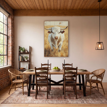 White Charolais Bull Western Pasture wall art in a rustic western-style room – white bull with curved horns and yellow