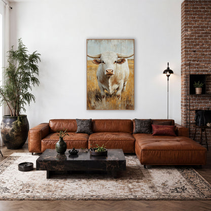 White Charolais Bull Golden Pasture Western wall art in a rustic western-style room – white bull with long curved