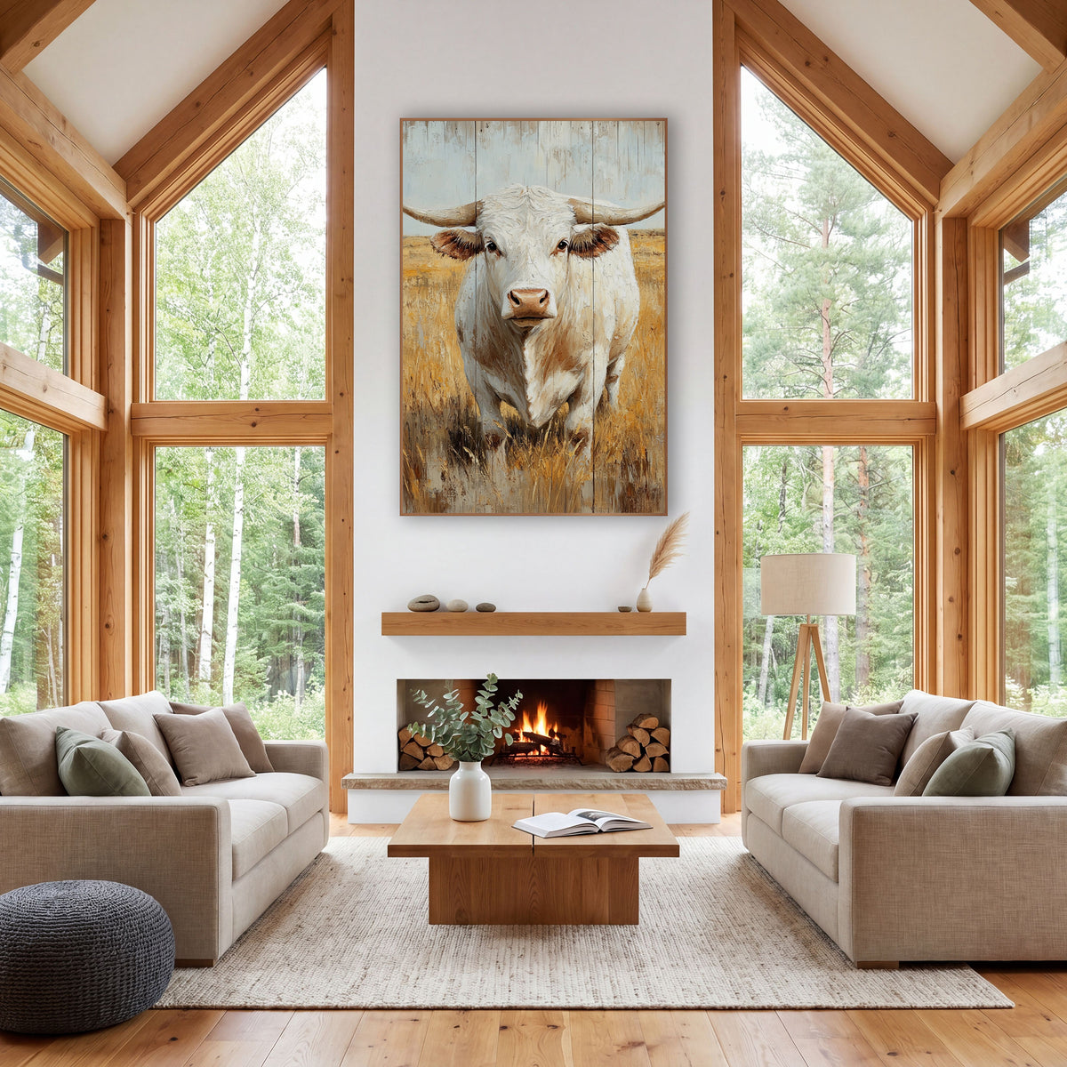 White Charolais Bull Golden Pasture Western wall art in a rustic western-style room – white bull with long curved