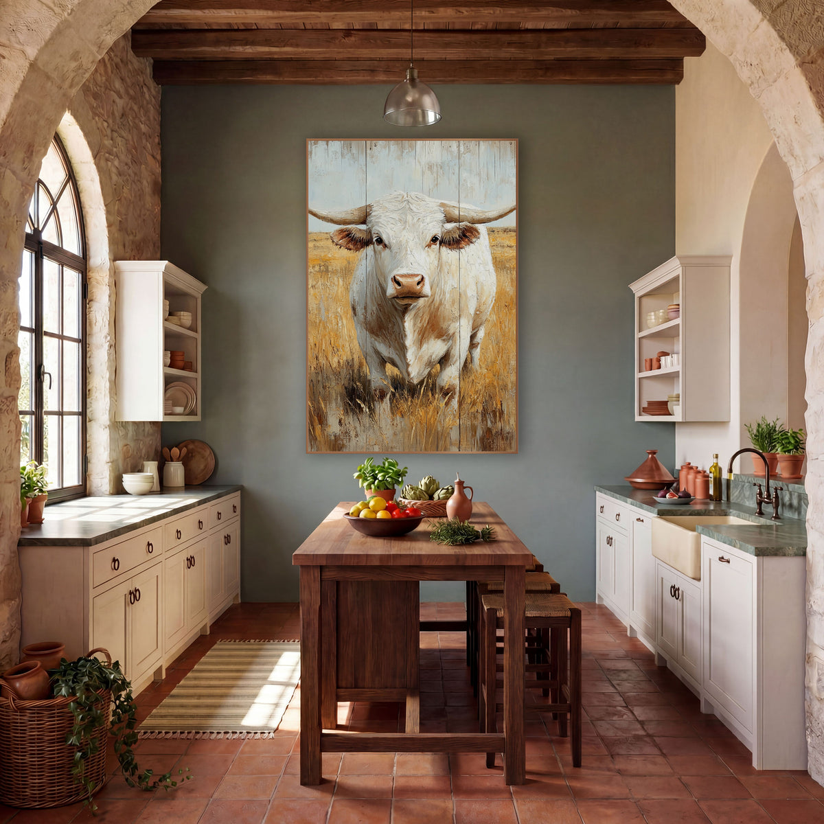 White Charolais Bull Golden Pasture Western wall art in a rustic western-style room – white bull with long curved