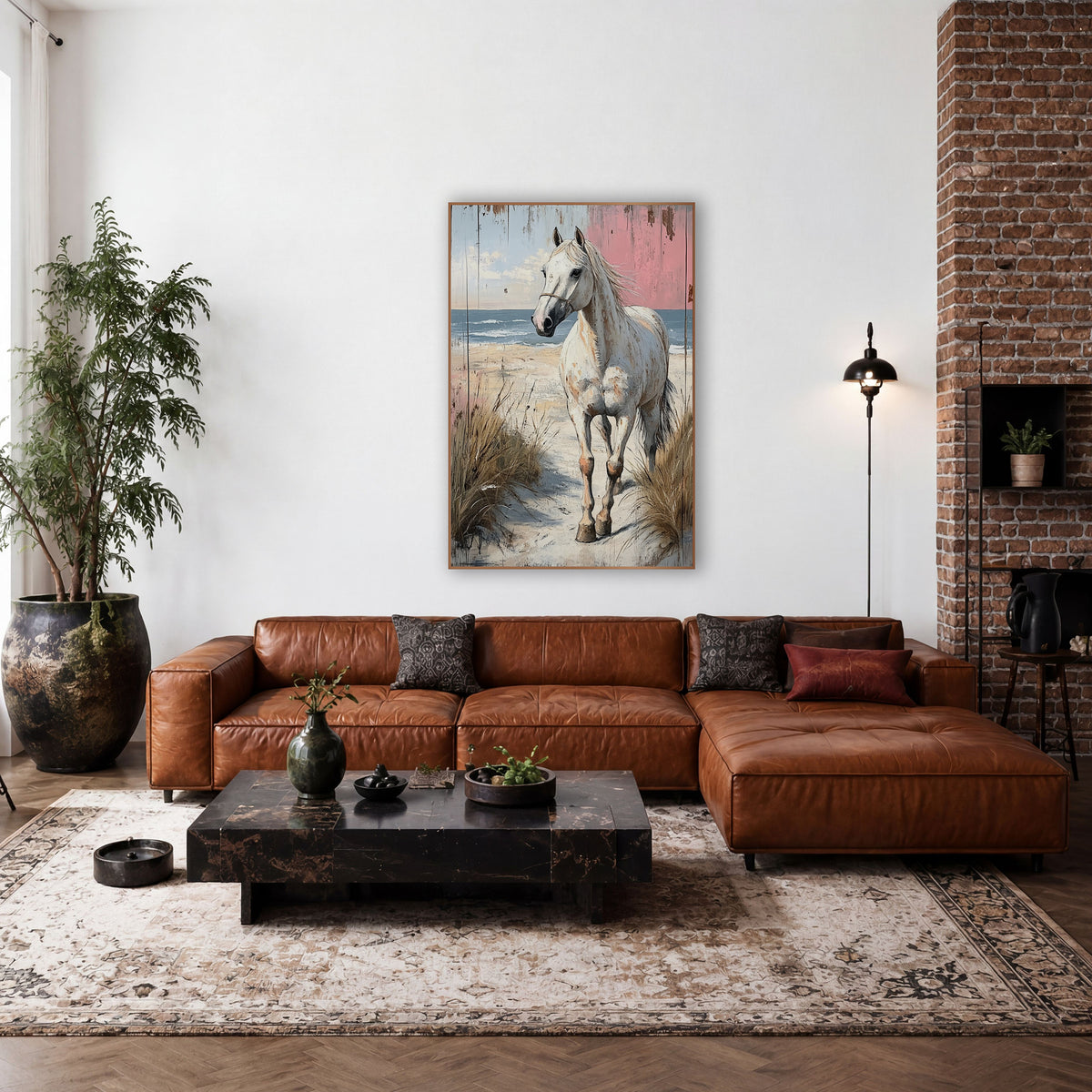 Pink Plank White Horse Dunes Rustic wall art in a rustic western-style room – white horse in a rope halter walking