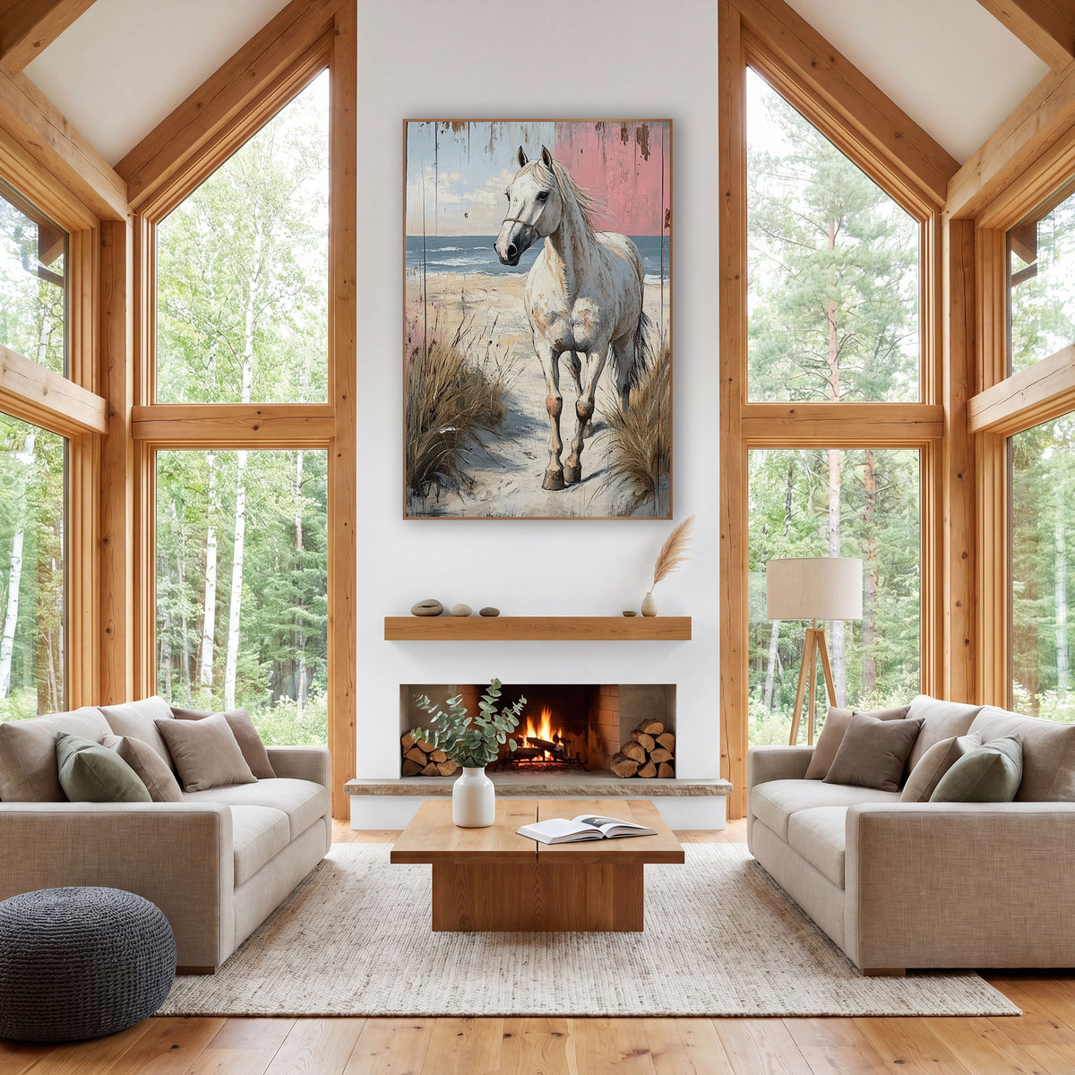 Pink Plank White Horse Dunes Rustic wall art in a rustic western-style room – white horse in a rope halter walking