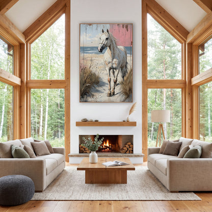 Pink Plank White Horse Dunes Rustic wall art in a rustic western-style room – white horse in a rope halter walking