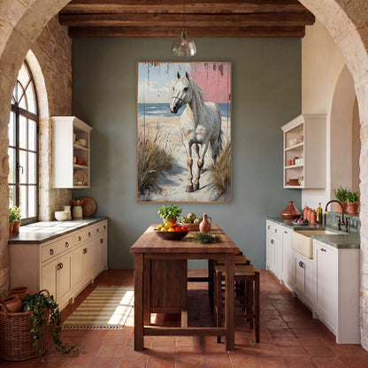 Pink Plank White Horse Dunes Rustic wall art in a rustic western-style room – white horse in a rope halter walking