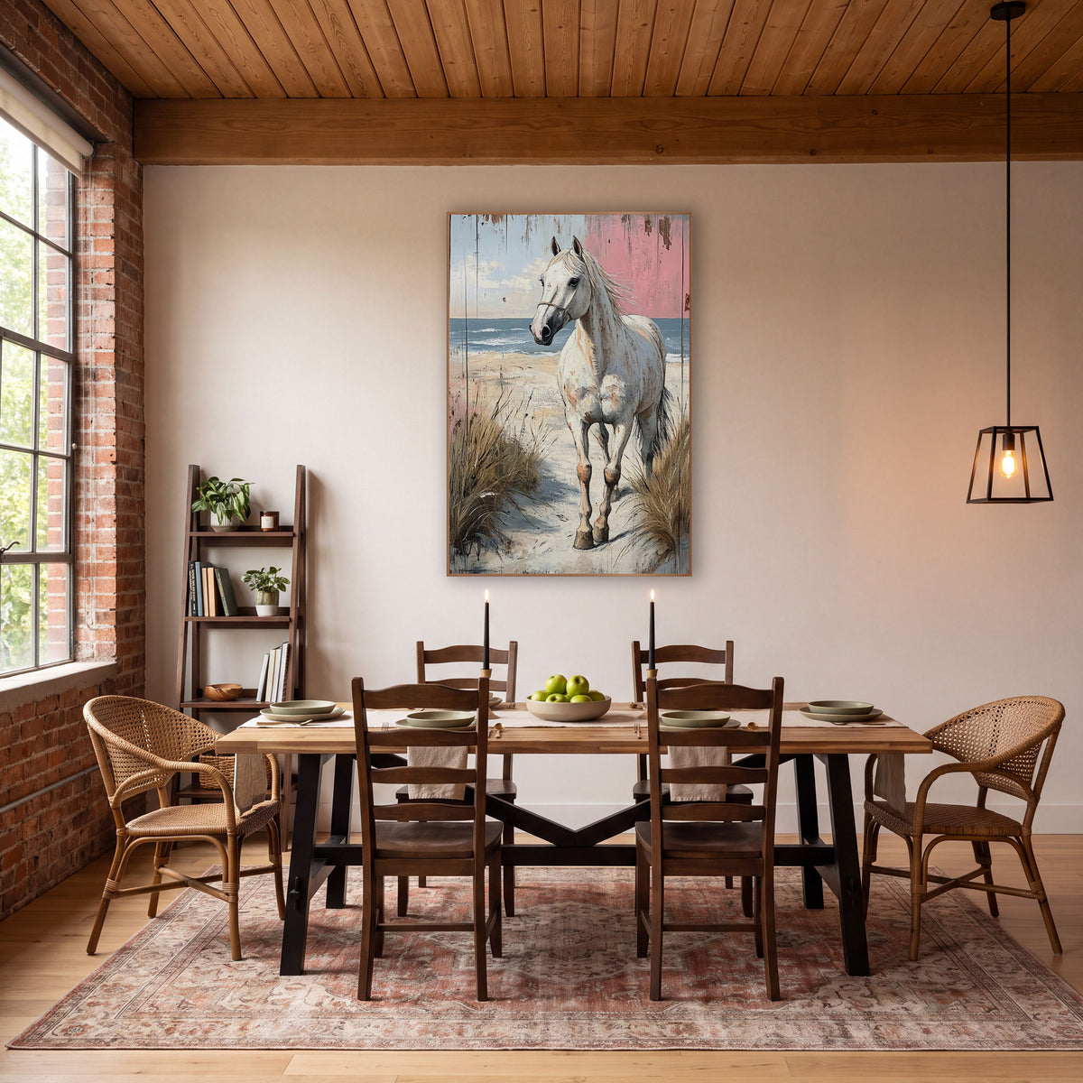 Pink Plank White Horse Dunes Rustic wall art in a rustic western-style room – white horse in a rope halter walking