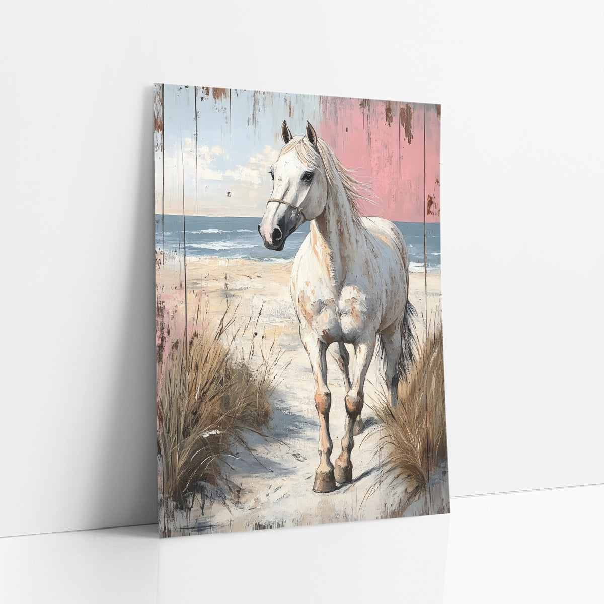 Pink Plank White Horse Dunes Rustic art print leaning against a white wall – white horse in a rope halter walking a sandy