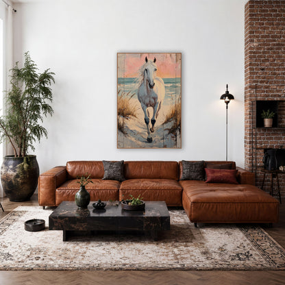 Galloping Sunset Mare Shoreline Painterly wall art in a rustic western-style room – white horse trotting down a sandy