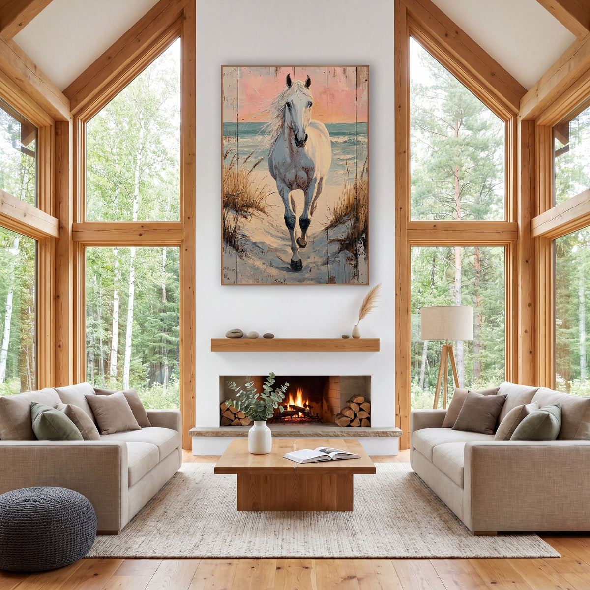 Galloping Sunset Mare Shoreline Painterly wall art in a rustic western-style room – white horse trotting down a sandy