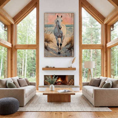 Galloping Sunset Mare Shoreline Painterly wall art in a rustic western-style room – white horse trotting down a sandy