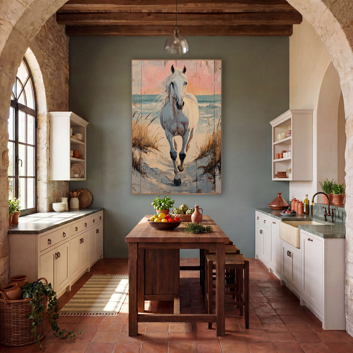 Galloping Sunset Mare Shoreline Painterly wall art in a rustic western-style room – white horse trotting down a sandy