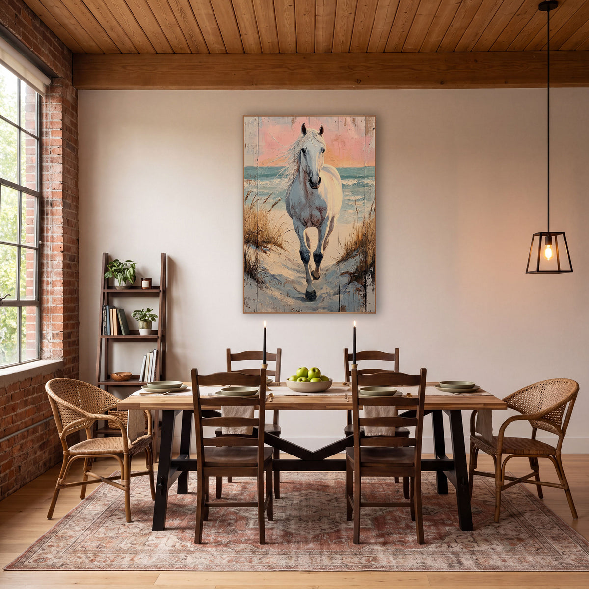 Galloping Sunset Mare Shoreline Painterly wall art in a rustic western-style room – white horse trotting down a sandy