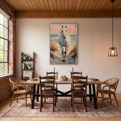 Galloping Sunset Mare Shoreline Painterly wall art in a rustic western-style room – white horse trotting down a sandy