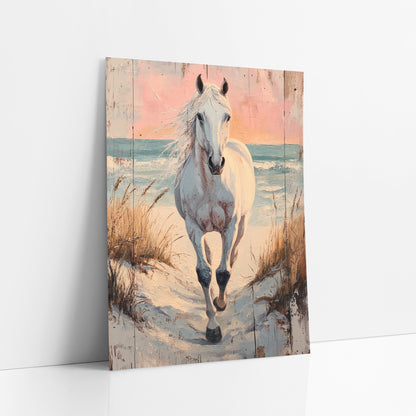 Galloping Sunset Mare Shoreline Painterly art print leaning against a white wall – white horse trotting down a sandy dune
