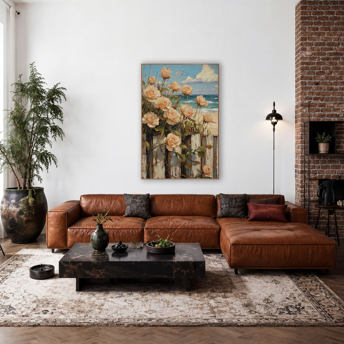 Peach Roses Beach Fence Coastal wall art in a rustic western-style room – peach roses growing over a weathered white