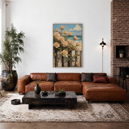 Peach Roses Beach Fence Coastal wall art in a rustic western-style room – peach roses growing over a weathered white