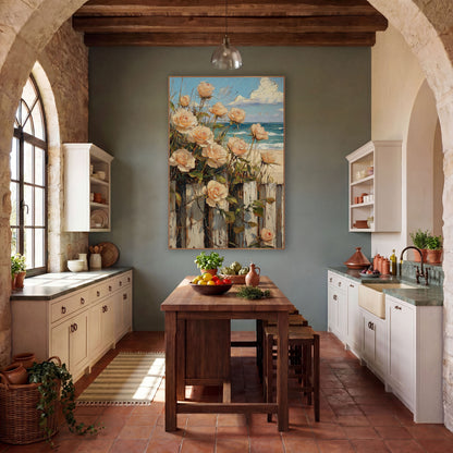 Peach Roses Beach Fence Coastal wall art in a rustic western-style room – peach roses growing over a weathered white
