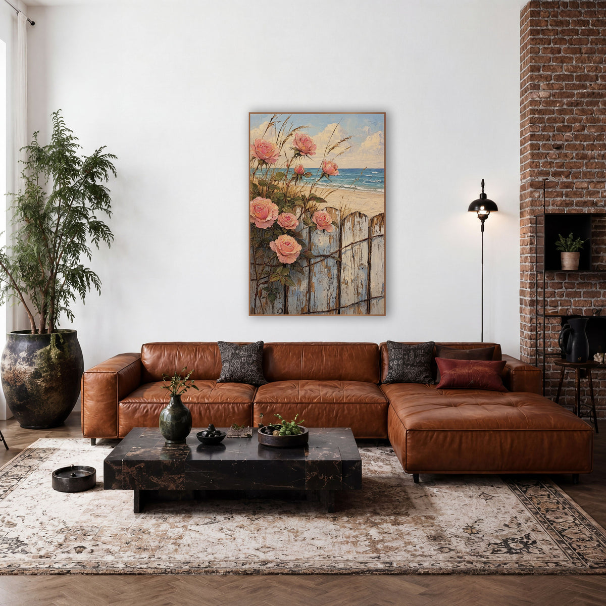 Pink Roses Weathered Fence Seaside wall art in a rustic western-style room – pink roses with green leaves