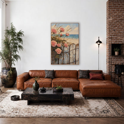 Pink Roses Weathered Fence Seaside wall art in a rustic western-style room – pink roses with green leaves