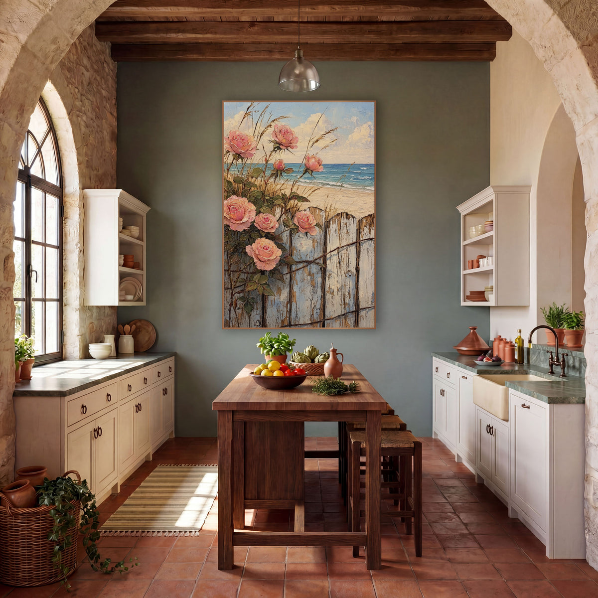 Pink Roses Weathered Fence Seaside wall art in a rustic western-style room – pink roses with green leaves