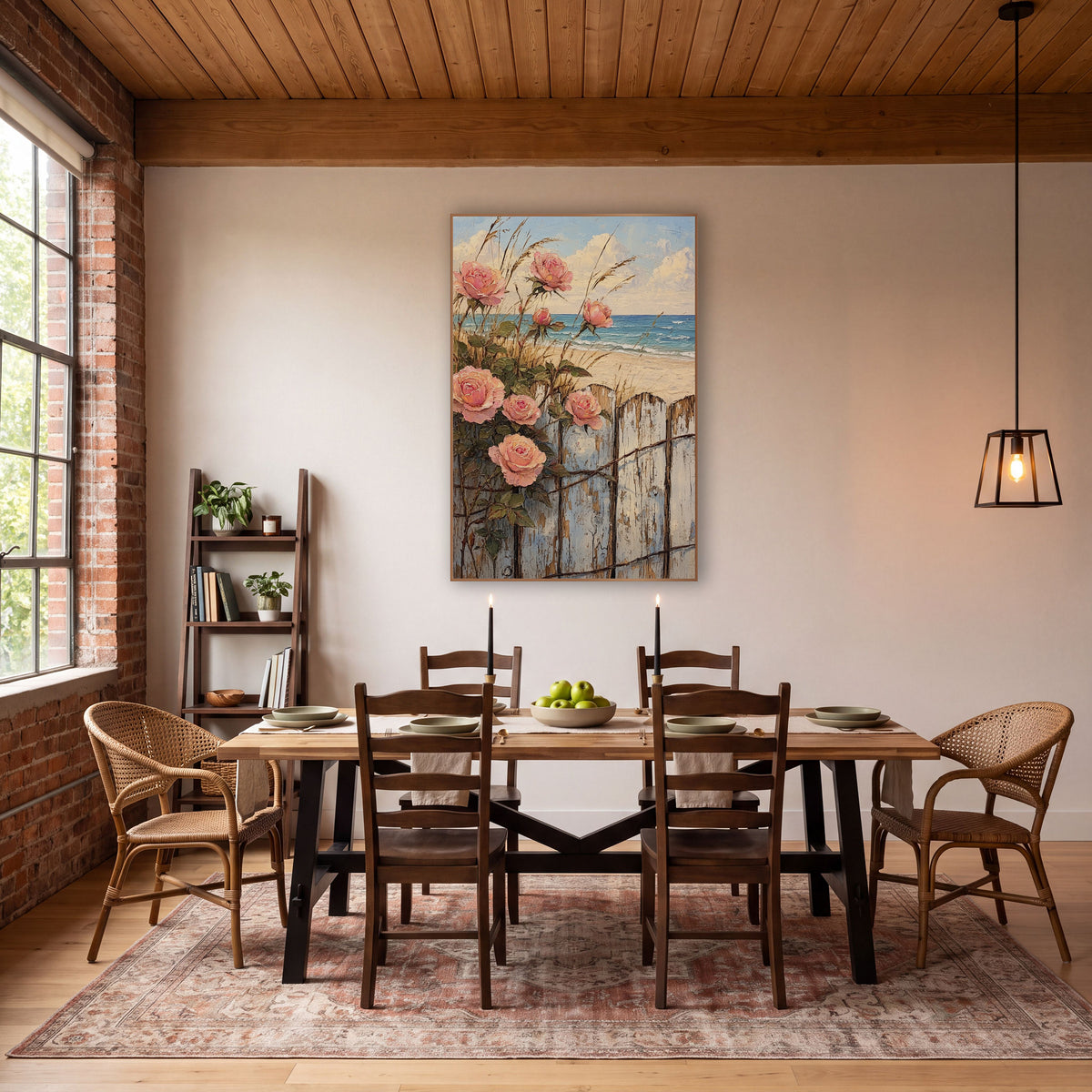 Pink Roses Weathered Fence Seaside wall art in a rustic western-style room – pink roses with green leaves