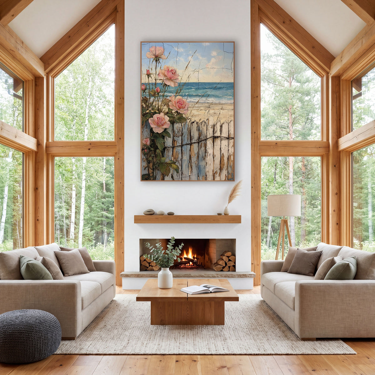 Pink Roses Beach Fence Coastal wall art in a rustic western-style room – pink roses climbing a weathered white fence