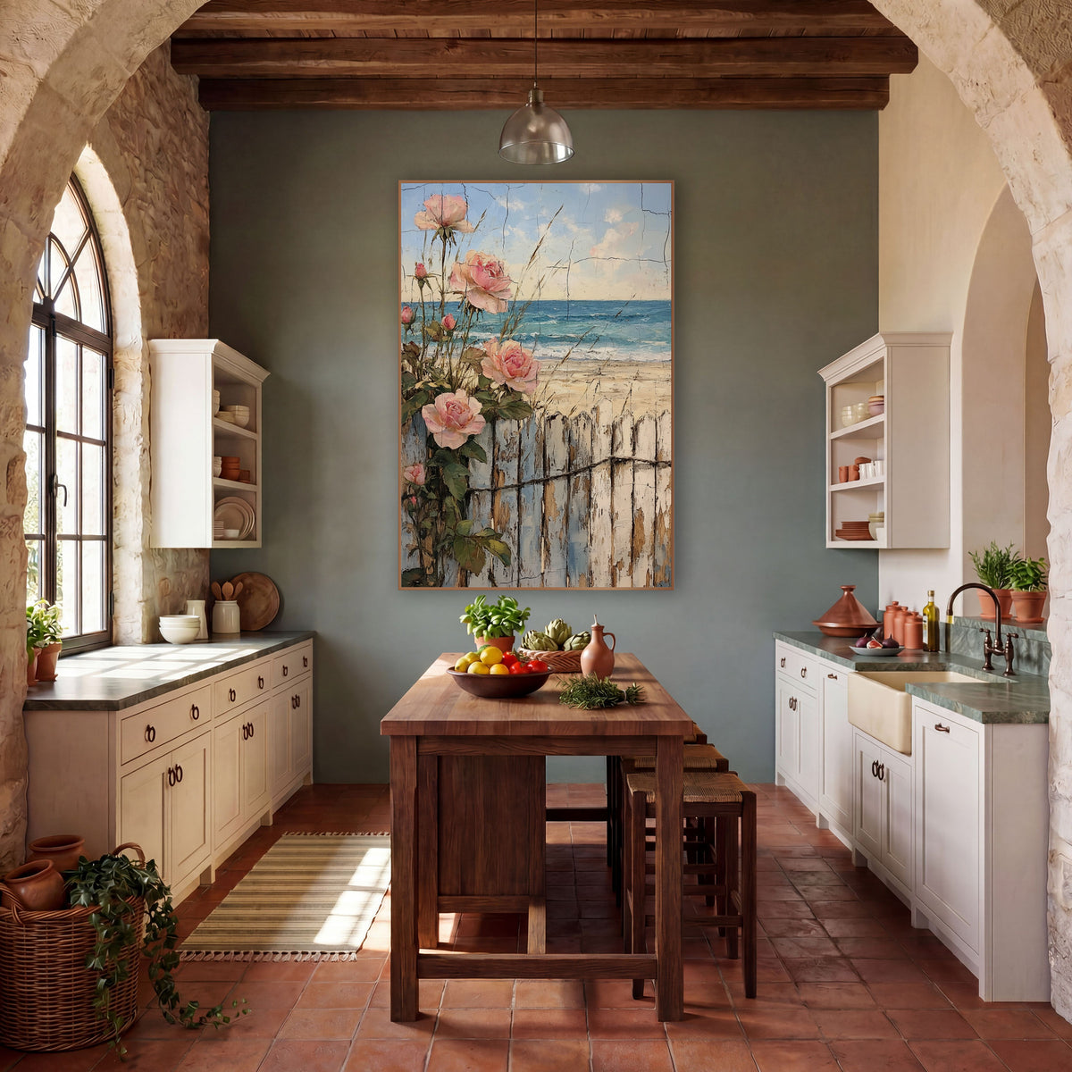 Pink Roses Beach Fence Coastal wall art in a rustic western-style room – pink roses climbing a weathered white fence