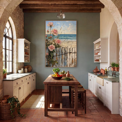 Pink Roses Beach Fence Coastal wall art in a rustic western-style room – pink roses climbing a weathered white fence