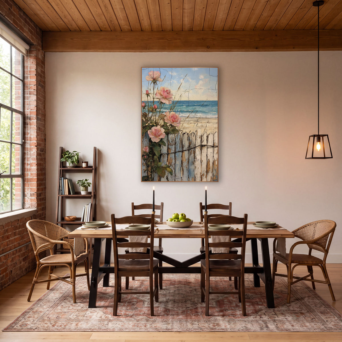 Pink Roses Beach Fence Coastal wall art in a rustic western-style room – pink roses climbing a weathered white fence