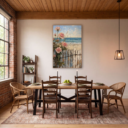 Pink Roses Beach Fence Coastal wall art in a rustic western-style room – pink roses climbing a weathered white fence