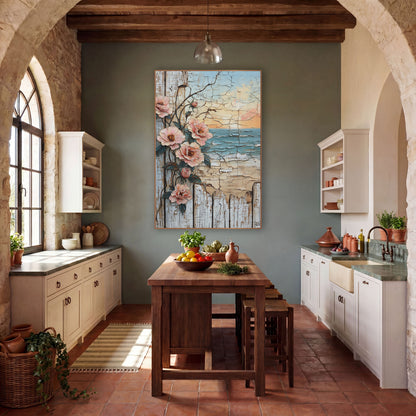 Blush Wild Rose Seaside Fence wall art in a rustic western-style room – blush pink wild roses on a vine climbing