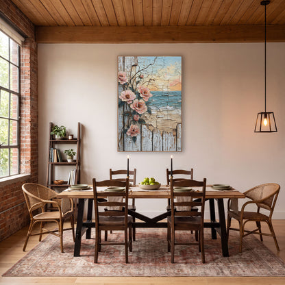 Blush Wild Rose Seaside Fence wall art in a rustic western-style room – blush pink wild roses on a vine climbing