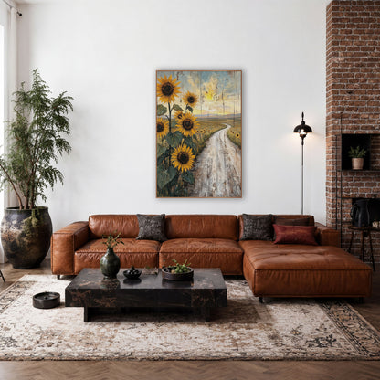 Sunflowers Winding Dirt Road Rustic wall art in a rustic western-style room – tall golden sunflowers beside a winding