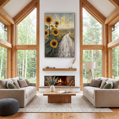 Sunflowers Winding Dirt Road Rustic wall art in a rustic western-style room – tall golden sunflowers beside a winding