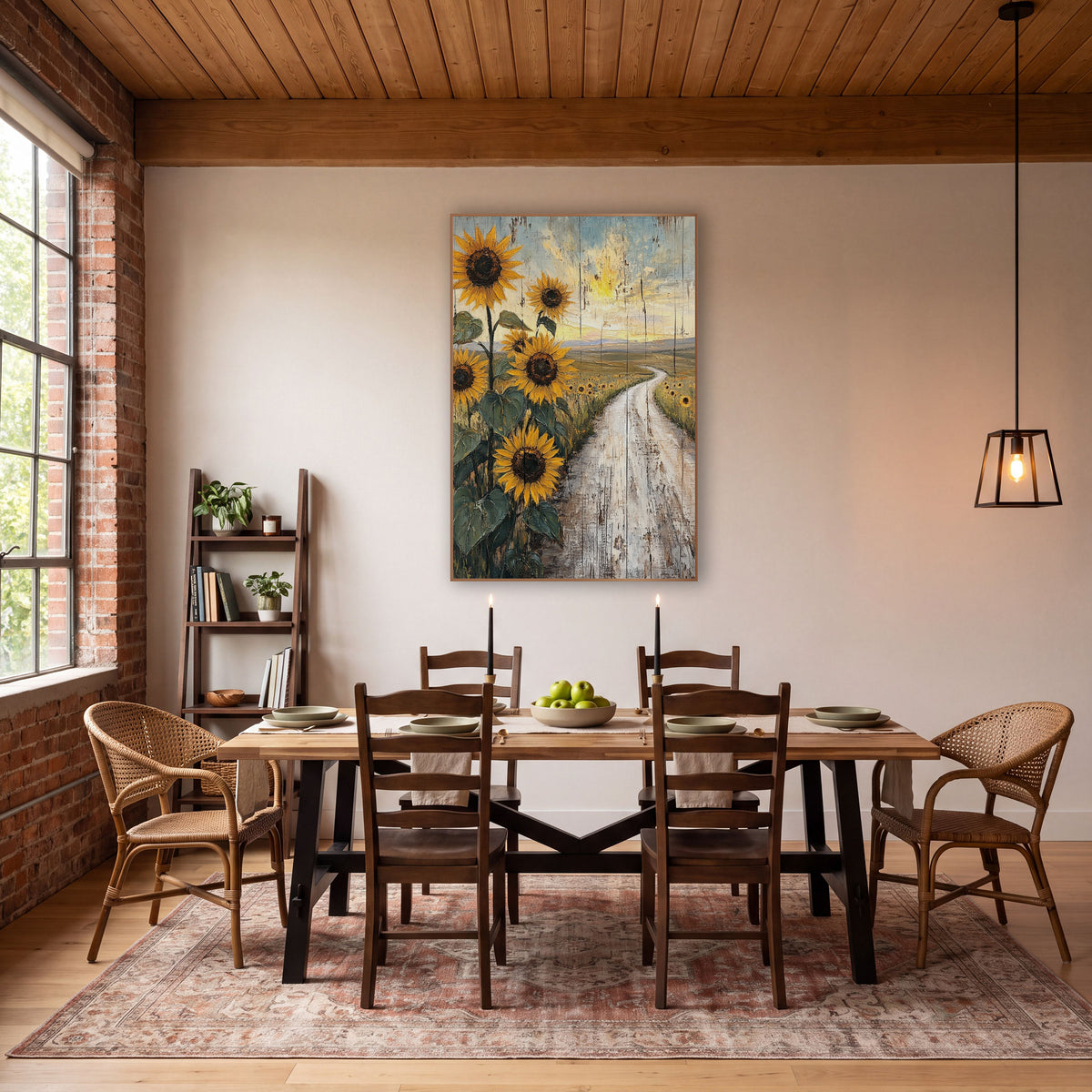 Sunflowers Winding Dirt Road Rustic wall art in a rustic western-style room – tall golden sunflowers beside a winding