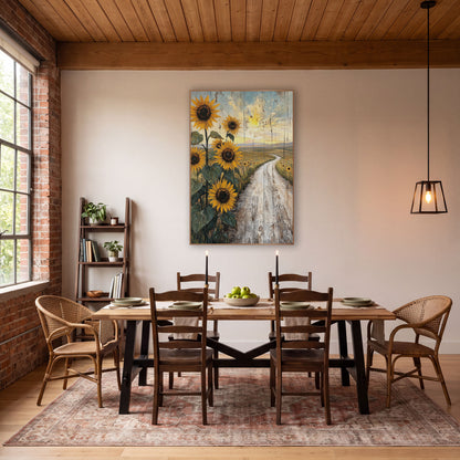Sunflowers Winding Dirt Road Rustic wall art in a rustic western-style room – tall golden sunflowers beside a winding